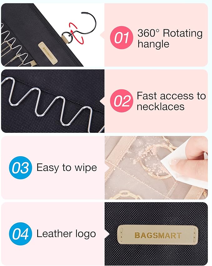 BAGSMART Hanging Jewelry Organizer Storage Roll with Hanger Metal Hooks Double-Sided Jewelry Holder for Earrings, Necklaces, 