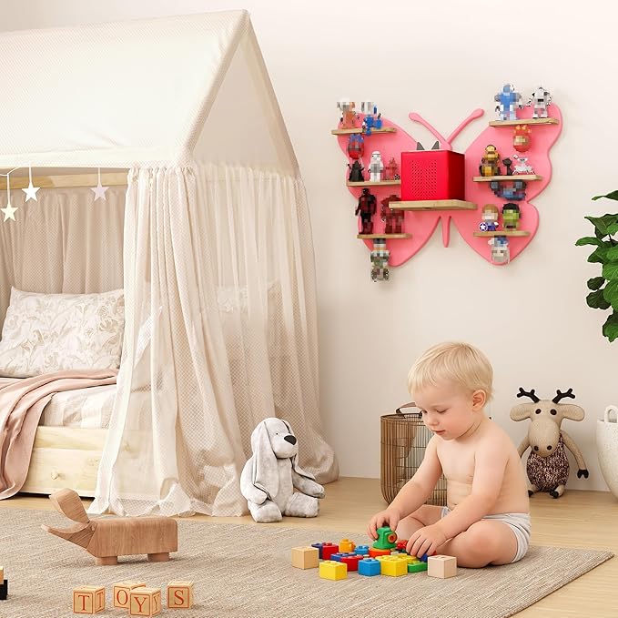 Pink Butterfly Tonie Shelf Wall Mounted - Tonies Wall Shelf for Toniebox, Charging Station, Magnetic Wood Display Floating Sh