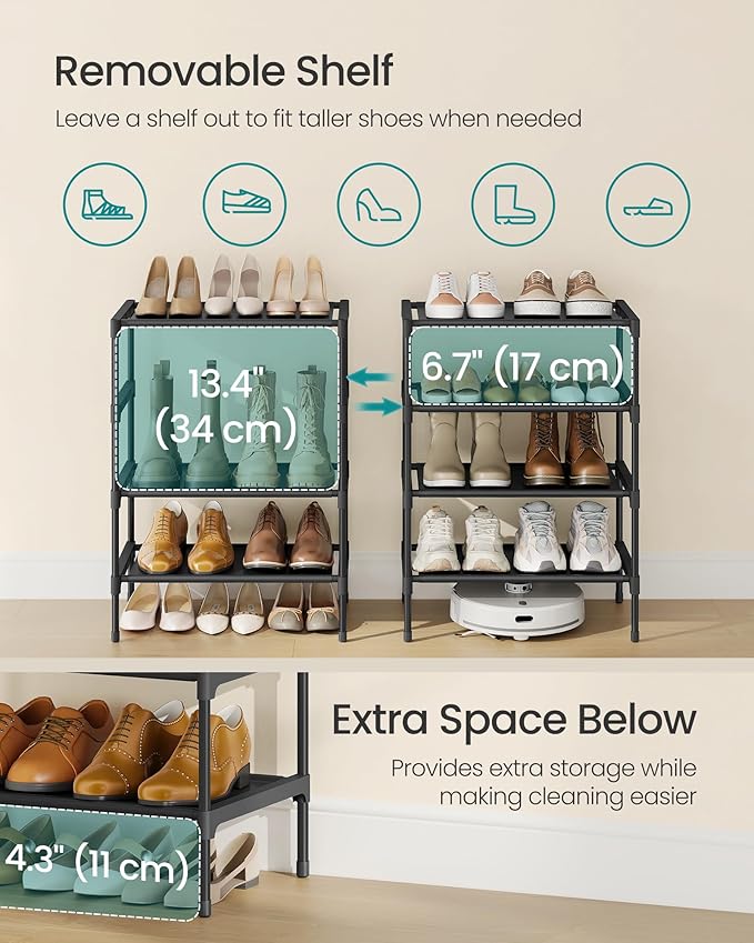 SONGMICS Shoe Rack, 4-Tier Shoe Storage Organizer, Space-Saving, 11.7 x 16.5 x 26 Inches, Entryway, Metal Frame, Non-Woven Fa
