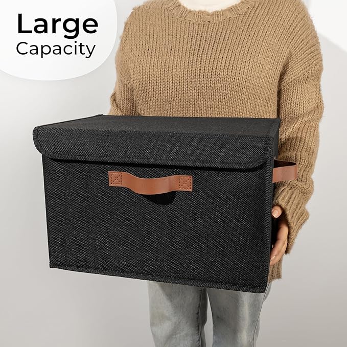 GRANNY SAYS Storage Bins with Lids, Decorative Storage Boxes with PU Handles, Black Storage Bin, Linen Closet Organizer, Shel