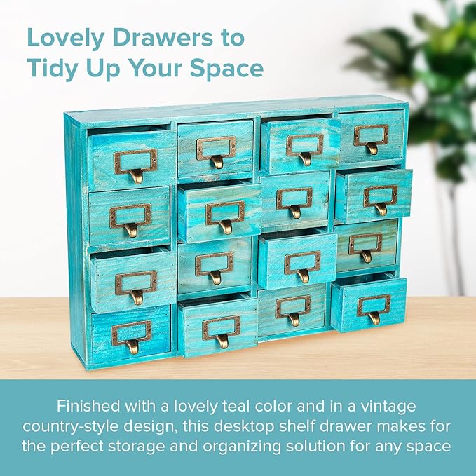 Teal 16-Slot Wooden Drawer Unit - Country Style Desk Organizer Box - 20"x3.6”x14” Wooden Storage Box w/ 16 Drawers - Countert
