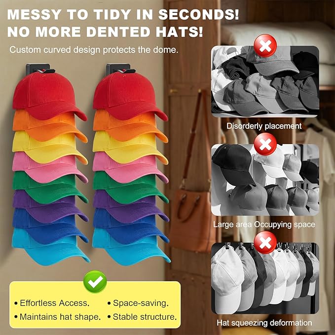 2 Pack MultiLayer Hat Organizer for Baseball Caps, Holds 16 Hats, Hat Hook for Wall, Dual Mount (Adhesive/Screws), Space Savi