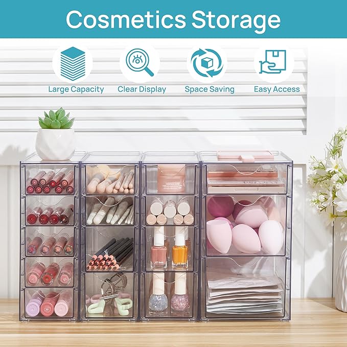 Vtopmart Acrylic Organizer with 16 Drawers (4 Set),Clear Storage Drawers for Office Supplies,Desk Organization and Storage fo