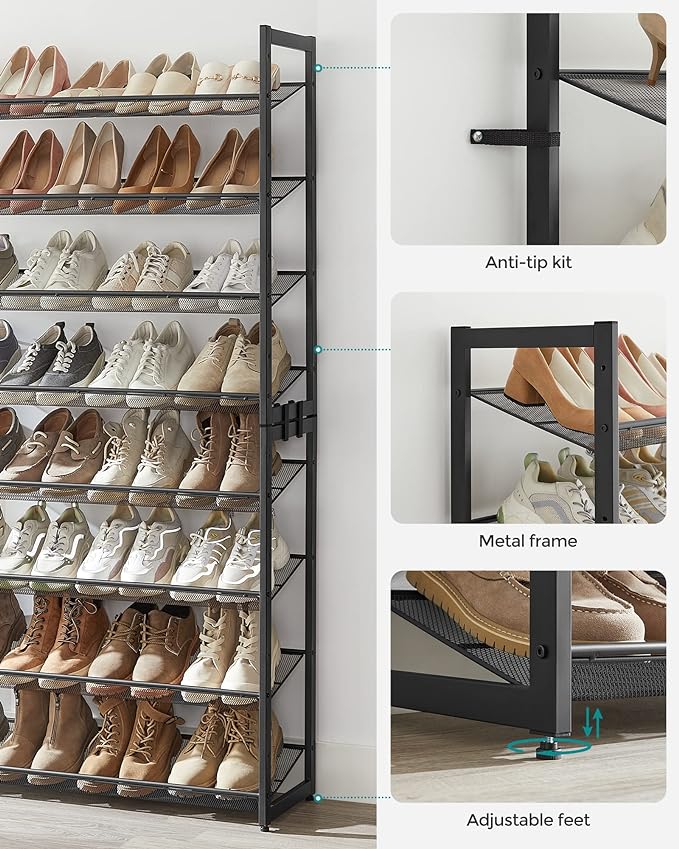 SONGMICS Shoe Rack, 8-Tier Shoe Organizer, Metal Rack for Garage, Set of 2, 4-Tier Stackable Shelf, with Adjustable Flat or A