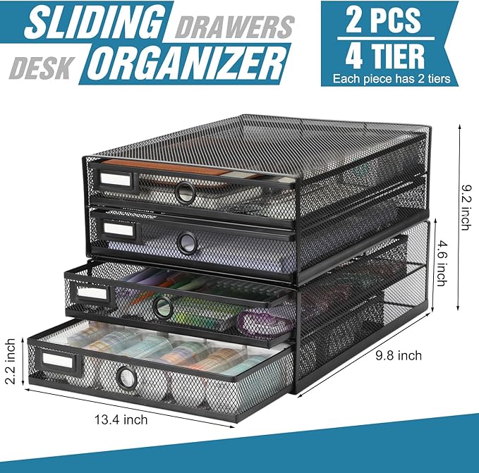 Zhanmai 2 Pack Black Desk Organizer with Drawer Total Wire Mesh Storage Tray Multifunctional Paper Sorter File Stand for Home