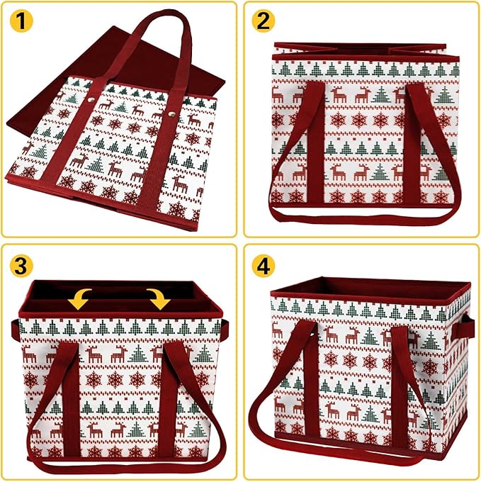 Reusable Grocery Bags 3 Pack - Heavy Duty Reusable Shopping Bags with Hard Bottom & Long Handles, Stand Up Grocery Boxes Reusable Foldable, 13x10.23x11in, Reindeers