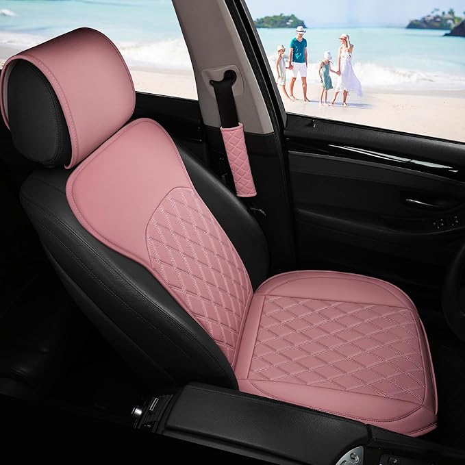 Sanwom Front Car Seat Covers - Leather Seat Covers with Storage Pocket and Two Belt Pads, Anti-Slip Waterproof Universal Seat