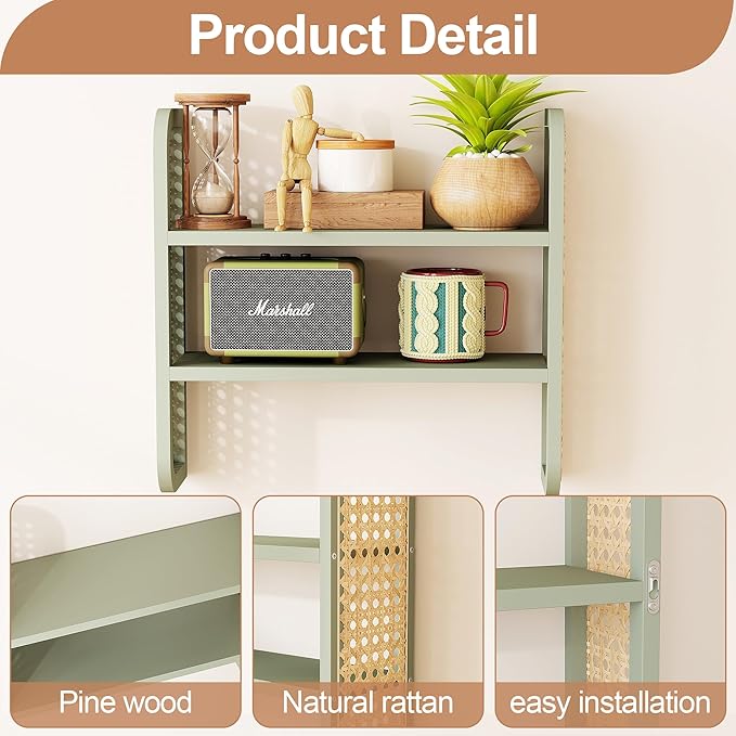 2-Tier Rattan Shelf, Green Rattan Bookshelf Wall Mounted, Handmade Woven Display Shelf, Decorative Boho Shelves for Entryway,
