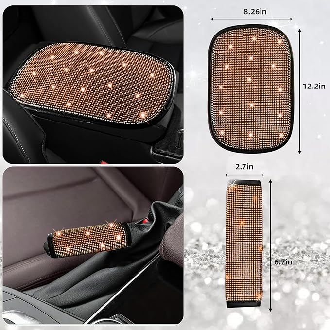 NBTEPEM 30 Pcs Orange Bling Car Accessories Set for Women, Steering Wheel Cover Set, Bling Console Cover, Seat Belt Cushion, Shift Knob Cushion, Cup Holder Coaster, Rhinestone Car Hanging Accessories
