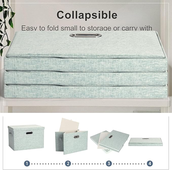 Graciadeco Large 17" 36 Quart Collapsible Stackable Storage Bins with Lids, 3 Packs Light Green Linen Fabric Closet Boxes wit