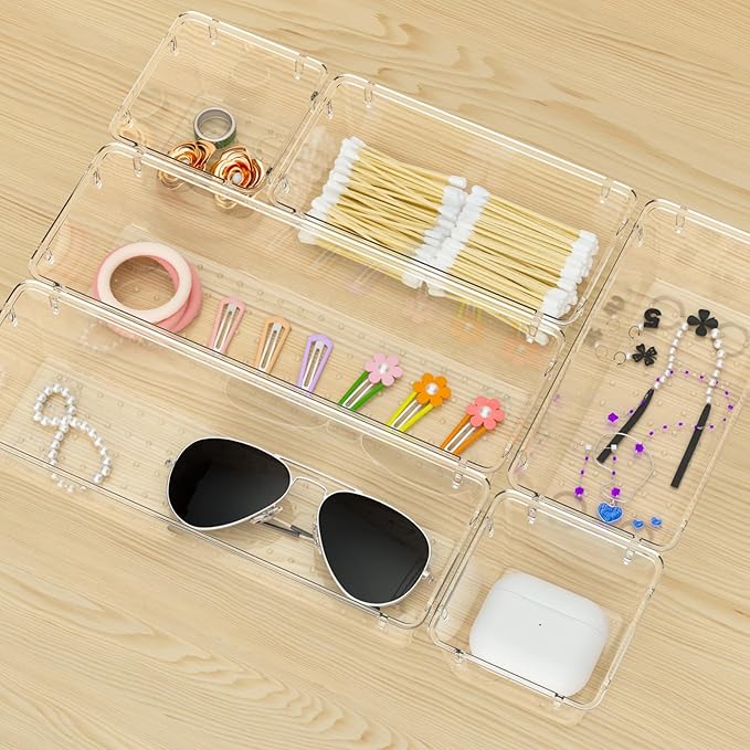 WOWBOX 12 Pack Clear Drawer Organizer Set, Acrylic Drawer Storage Trays, Storage Bins for Makeup, Cosmetics, Jewelries, Utens