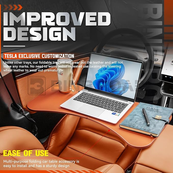 Leather Tray Table Folding Car Table Compatible with Tesla Model 3 Y – Multi-Use Dining Tray & Laptop Stand, Fits Front Driver & Passenger Seats,Orange