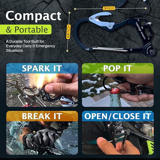 OUTDOOR ELEMENT Fire Escape, Emergency Escape Tool, Seatbelt Cutter, Window Breaker, Multi Tool, Fire Starter, Carabiner, and