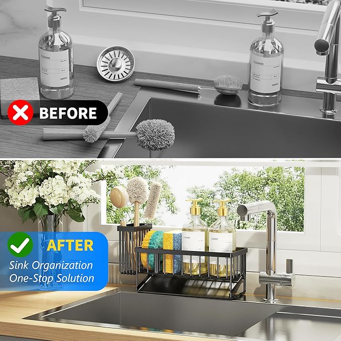 Cisily Sink Caddy Sponge Holder for Kitchen with Brush Holder and Stainless Steel Self Drain Tray, Rustproof Kitchen Sink Org