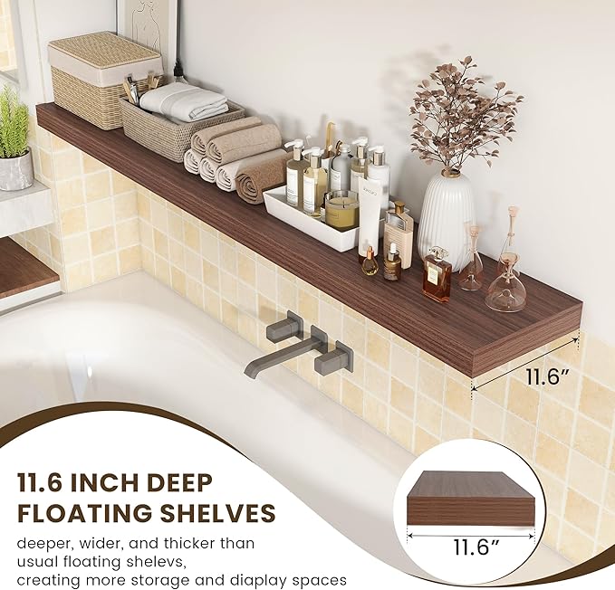 72 Inch Walnut Floating Shelf | 12 Inch Deep Floating Shelves Set of 1 | 72" D x 12" D Rustic Wood Shelves for Wall | Deep Wa