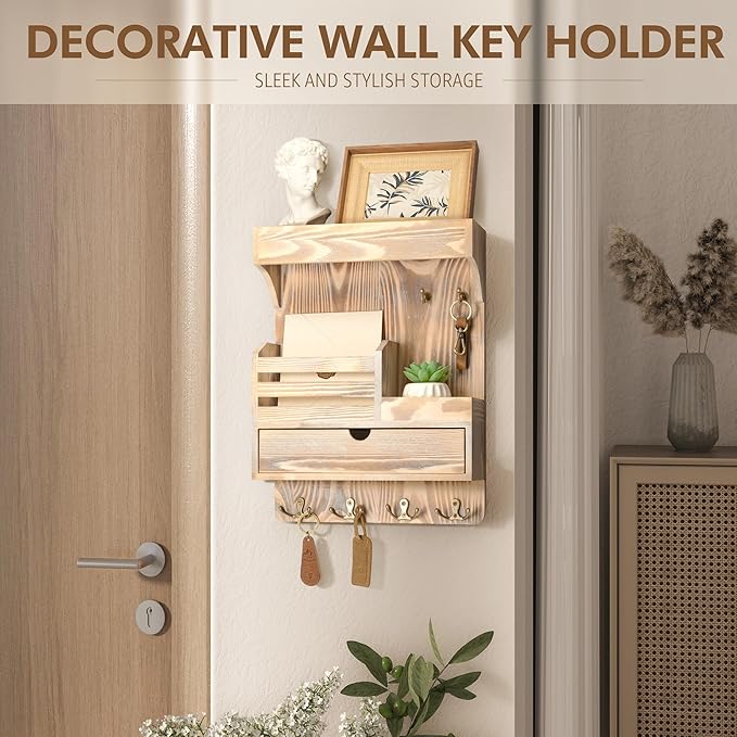 Rebee Vision Farmhouse Key Holder Wall Mount with Drawer Organizer – Wooden Mail & Key Organizer with 6 Strong Hooks & Wall S