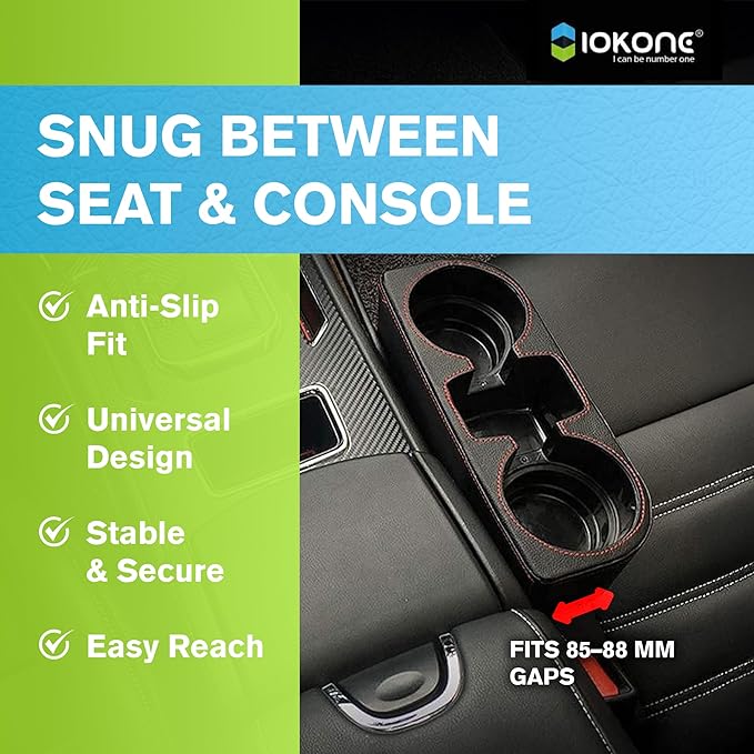 IOKONE Car Cup Holder, Auto Cup Drink Holders，Multifunctional Auto Front Seat Organizer with PU Leather Cover, Gap Filler Storage Box Coin Bucket Console Side Pocket Cell Mobile Phone Holder (Black)