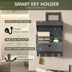 Rebee Vision Modern Key Holder Wall Mount with Drawer Organizer - Pine Wood Mail and Key Organizer with 6 Keys Hooks and Floa
