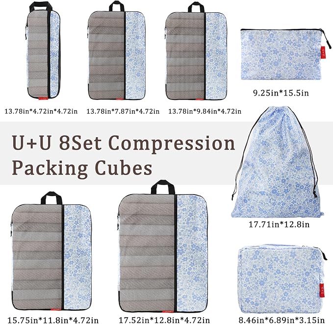 U+U 8 Set Compression Packing Cubes - Ultralight Travel Organizers with Laundry Bag and Cosmetic Bag, Space-Saving Suitcase O