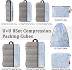 U+U 8 Set Compression Packing Cubes - Ultralight Travel Organizers with Laundry Bag and Cosmetic Bag, Space-Saving Suitcase O