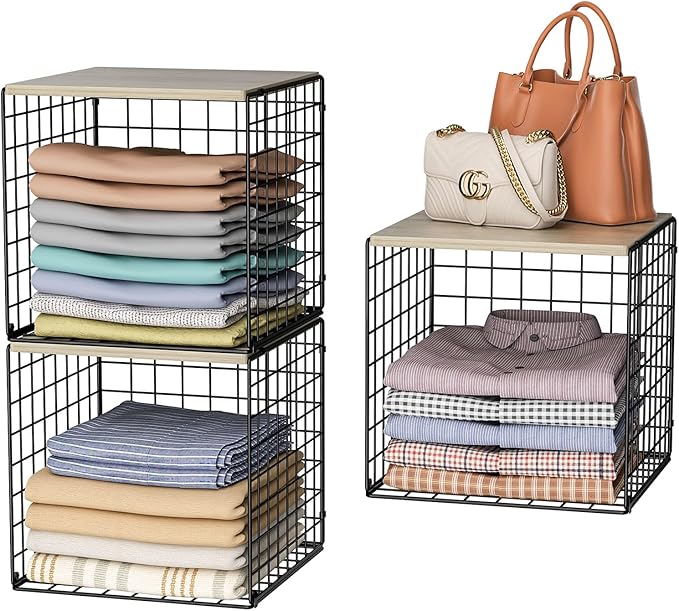 3PCS Stackable Closet Organizers and Storage, Shelves with Wood Top Extra Storage, Clothes Organizer Basket, Bin, or Tube for