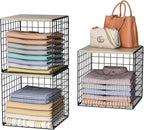 3PCS Stackable Closet Organizers and Storage, Shelves with Wood Top Extra Storage, Clothes Organizer Basket, Bin, or Tube for