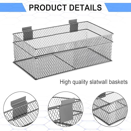 Barydat 4 Pcs Slatwall Basket Set Ventilated Metal Slatwall Basket Hanging Wire Bins Wall Mounted Accessories for Panel Garag