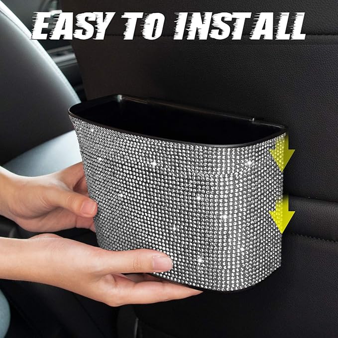 eing Car Trash Can Bling Crystal Auto Storage Pockets,100% Leak Proof Car Trash Container Bin Car Garbage Bag Hanging for Backside/Gearshift/Center Console,(1 - Pack, Pure White)