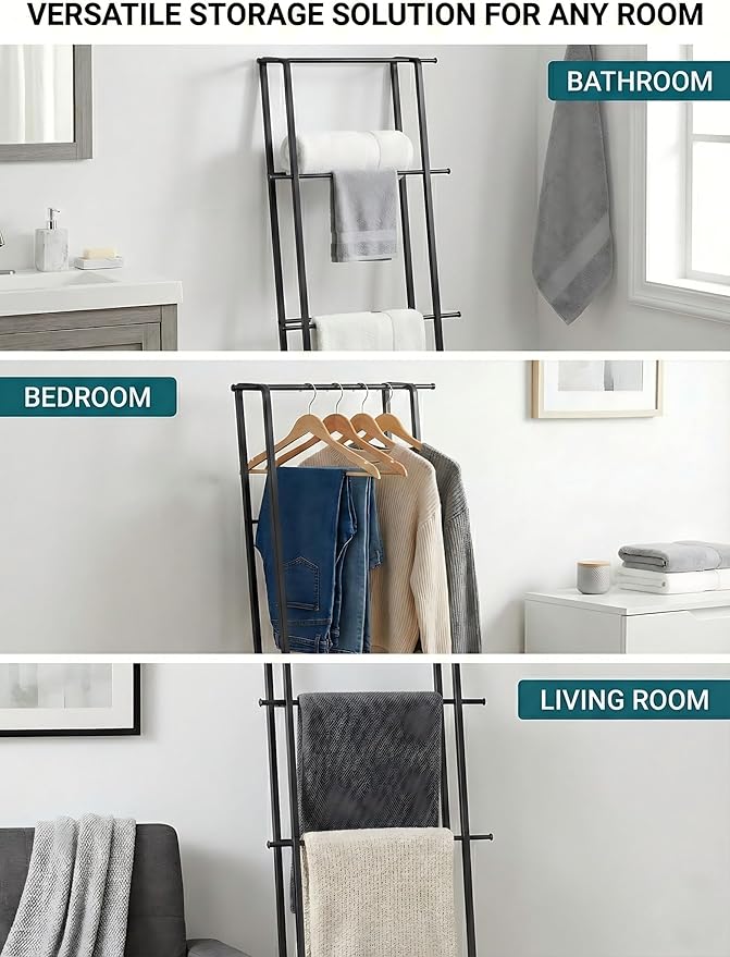CANYAVE Metal Leaning Ladder Towel Rack, 4-Tier Blanket Stand for Bathroom Living Room, No Drilling Quilt Storage Organizer (