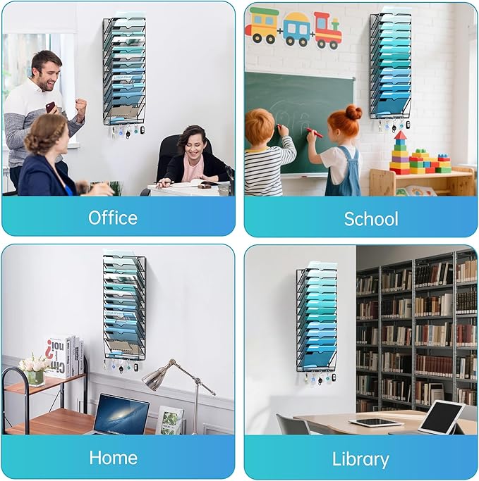 13 Tier Wall File Organizer - Hanging File Organizer with 5 Hooks, Mail Holder Wall Mounted for Papers, Folders, Magazines, B