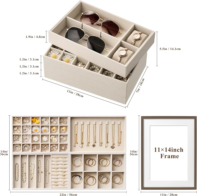 Velvet Jewelry Drawer Organizer Trays – Large Beige Stackable Jewelry Storage Inserts Set, 4-Layer Jewelry Tray Set for Earri