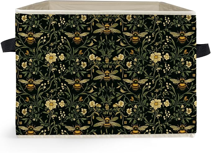 Moody Floral Bumblebee Storage Box Bins, Dark Cottagecore Honey Bee Botanical Collapsible Storage Basket Organizer for Bedroo