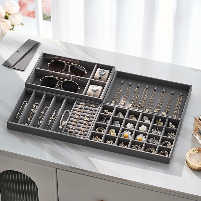 Velvet Jewelry Drawer Organizer Trays – Large Grey Stackable Jewelry Storage Inserts Set, 4-Layer Jewelry Tray Set for Earrin