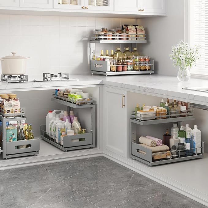 Under Sink Organizer Upgrade To Professional Rails,2-Tier Dual Pull Out Cabinet Storage,Height Adjustable Slide Out Drawers F