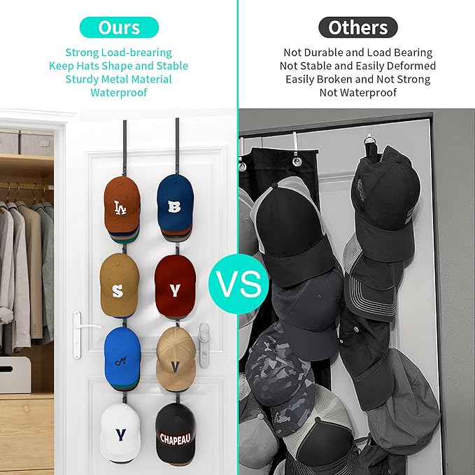 HapiRm Over Door Hat Rack - 2 Packs Hat Organizer with 8 Hooks Design, Hanging Baseball Cap Organizer Storage Holds Up to 40 