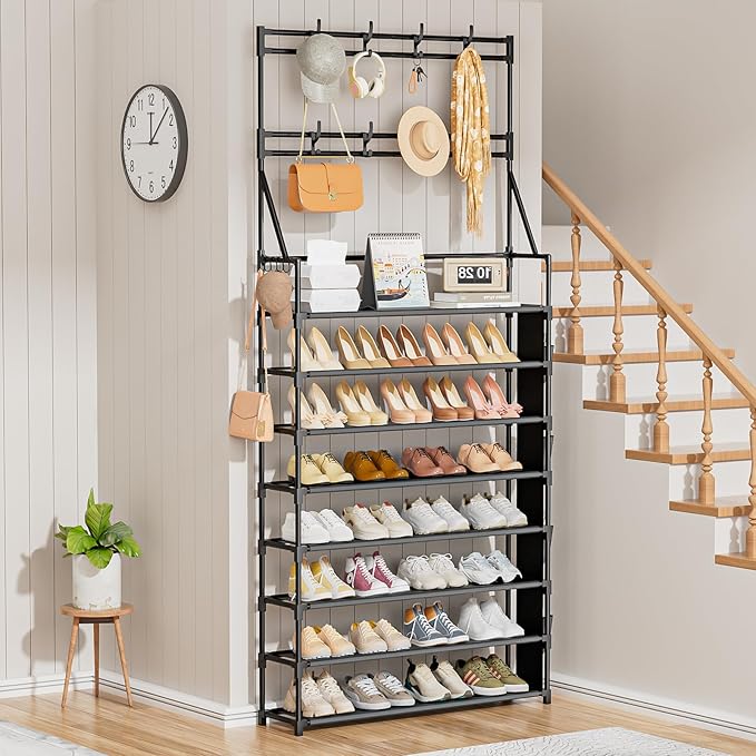OYREL Shoe Rack 8 Tier Large Shoe Organizer Storage 32-40 Pairs Metal Shoe Storage Rack with Hooks and Side Pocket for Entran