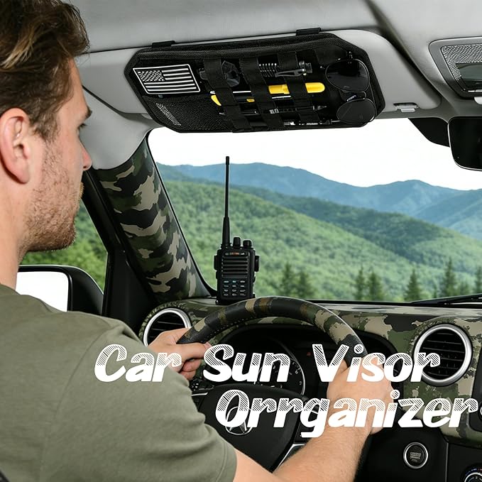 Car Sun Visor Organizer, Semi-Rigid Molle Panel Tactical Car Accessories with Zipper Storage Pouch, Sunglass Holder for Car Visor Organizer, Universal Fit for Trucks, SUVs, Jeeps & Police Gear, Black