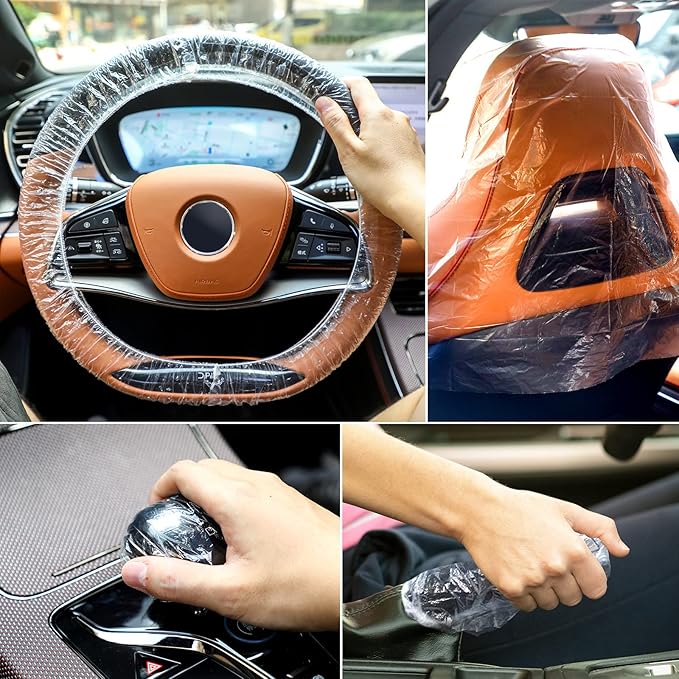 Tallew 250 Pcs Disposable Car Seat Covers Clear Plastic Car Seat Covers Protector Includes Wheel Covers, Gear Selector Covers