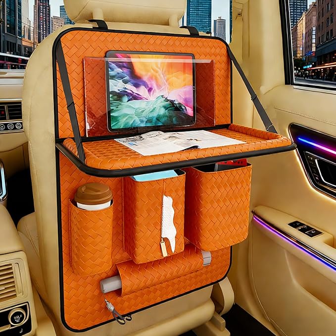 Car Back Seat Organizer, Black Woven Leather Storage Bag, Multifunctional Rear Seat Protector with Tablet Holder, 25.2x17.7 Inches, Abrasion Resistant, Orange