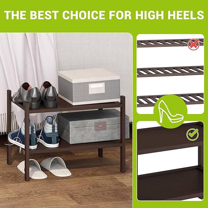 BMOSU 2-Tier Bamboo Small Shoe Rack Premium Stackable Shoe Shelf Storage Organizer for Hallway Closet Living Room Entryway Or