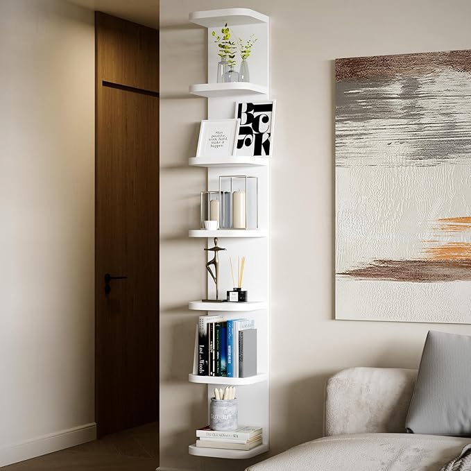 7 Tier Wall Shelf Unit White Floating Shelves for Wall, Decorative Lack Shelf for Storage Curved Edges, Tall Vertical Display