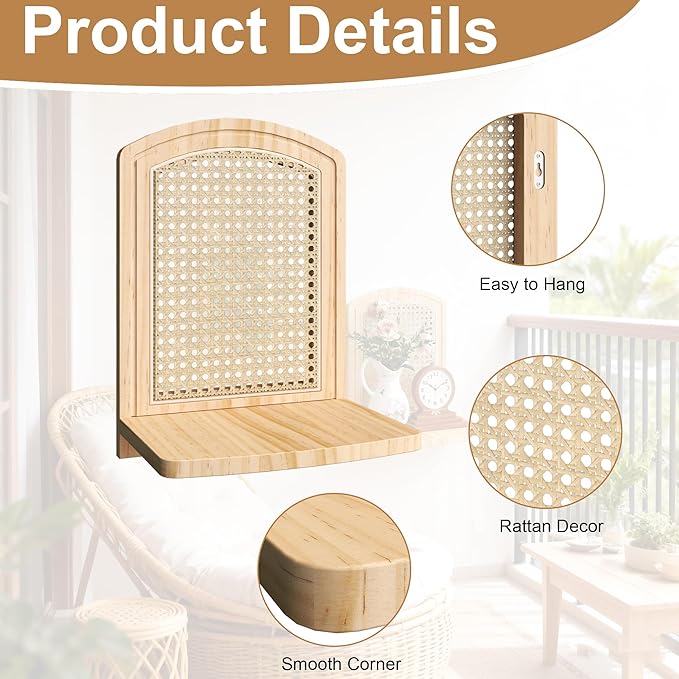Rattan Shelf Set of 2, 9.8''Natural Wood Rattan Shelf with Wicker Decor, Boho Wall Decor Small Floating Shelves for Plant Fig