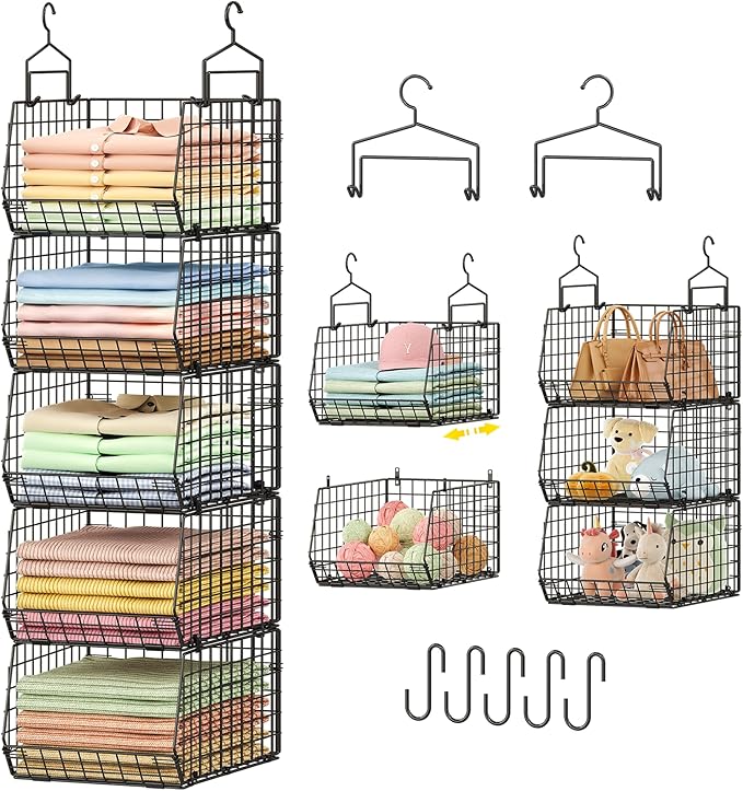 Capacity Upgrade Edition Deeper 4'' 5 Tier Foldable Hanging Closet Organizer and Storage，Wire Cabinet Shelves and Rack with 5