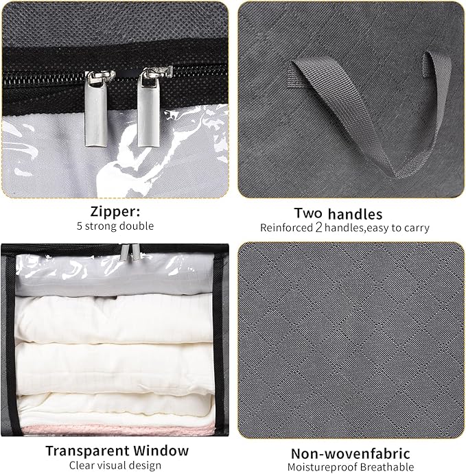 8 Pack Clothes Storage Bags with Zipper, 45L Foldable Blanket Storage Bag with Clear Window Sturdy Handles for Closet, Dorm, 