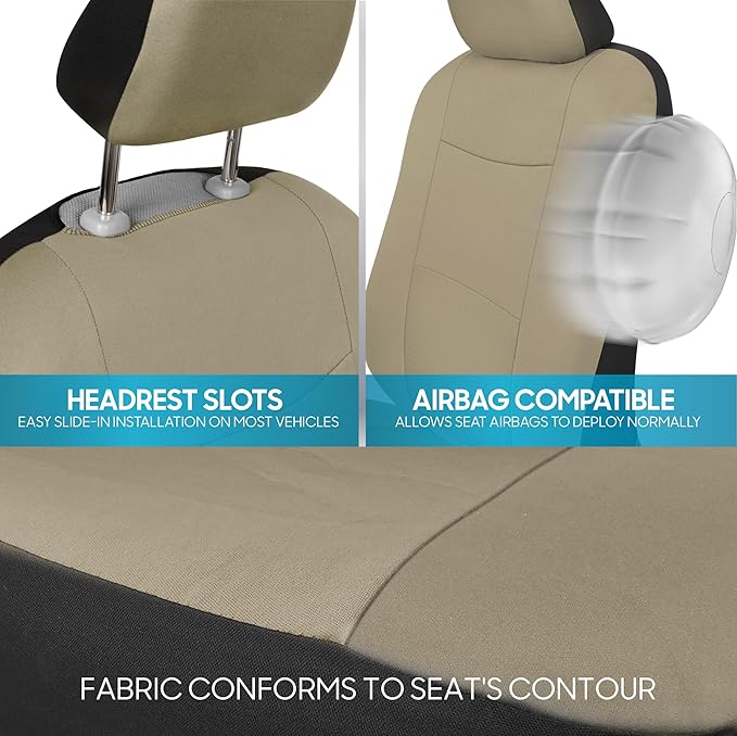 BDK PolyPro Car Seat Covers Full Set in Solid Beige, Front and Rear Split Bench Seat Covers for Cars, Easy to Install Car Sea