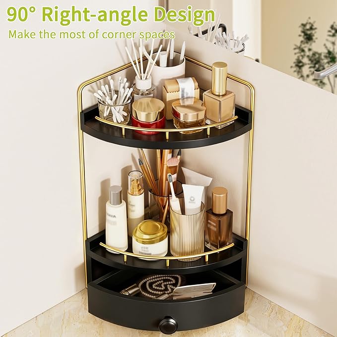 2-Tier Corner Bathroom Counter Organizer with Drawer & Embedded Screw Holes - Wooden Countertop Organizers for Skincare, Make