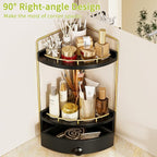2-Tier Corner Bathroom Counter Organizer with Drawer & Embedded Screw Holes - Wooden Countertop Organizers for Skincare, Make