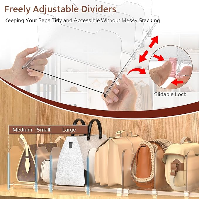 SURETIVIAN 2-Pack Purse Organizers for Closet, Adjustable Small Shelf Divider Rack for Closet, Clear Handbag Storage Organize