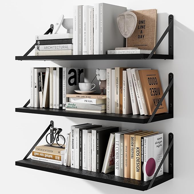 Floating Shelves for Wall, 24W x 8D Wide Bookshelf with Brackets Set of 3, Wood Wall Mounted Shelves for Living Room, Kitchen
