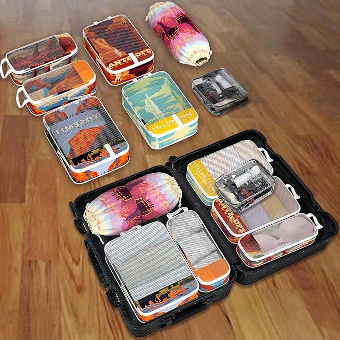 Compression Packing Cubes for Travel, 7 Set National Park Expandable Mesh Luggage Organizers, Waterproof Expandable/Compressi